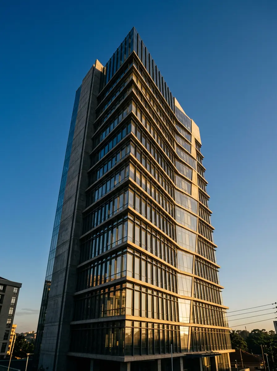 Late afternoon light across a contemporary office tower in Kampala